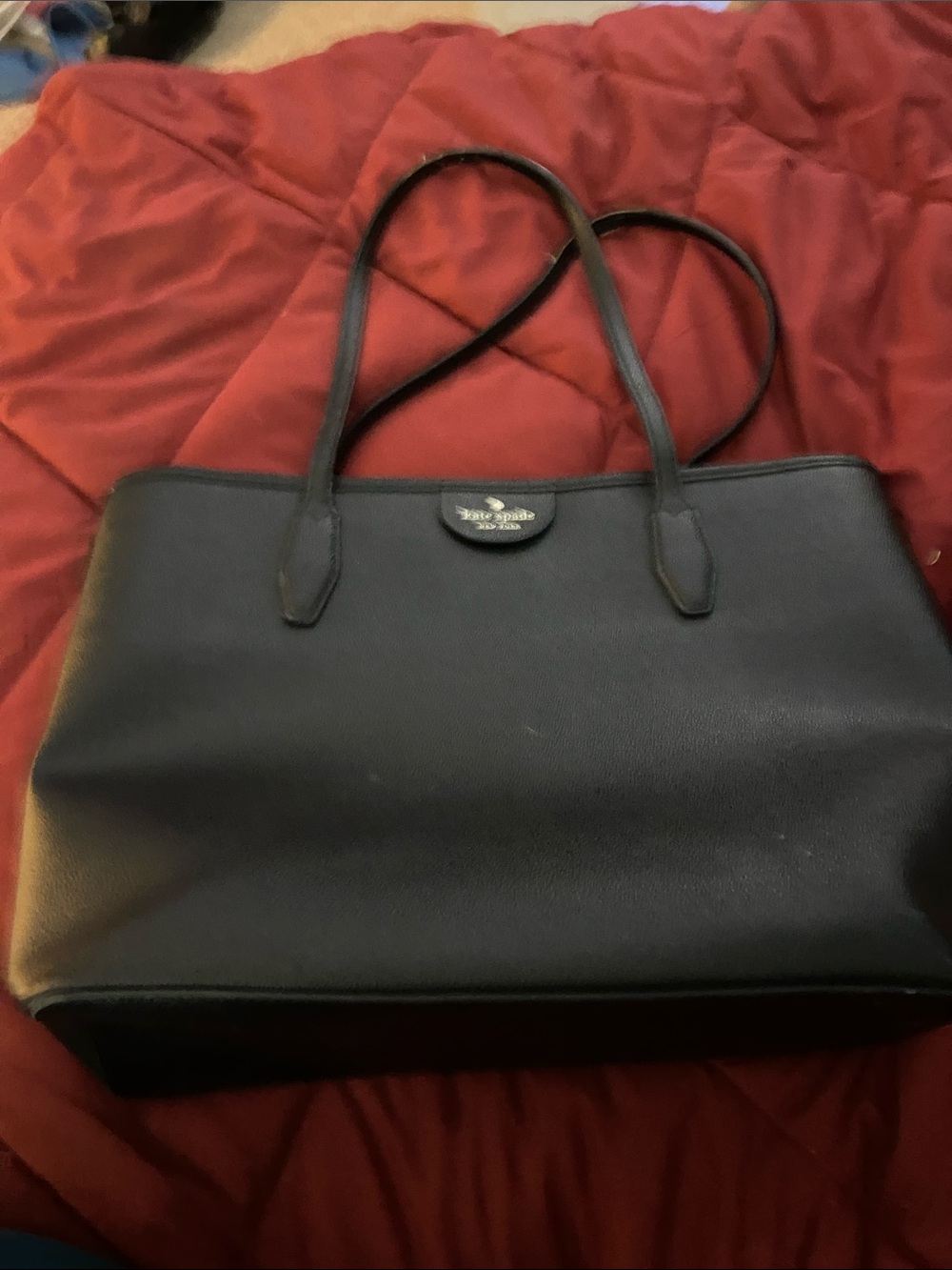 kate spade black leather tote with logo plaque